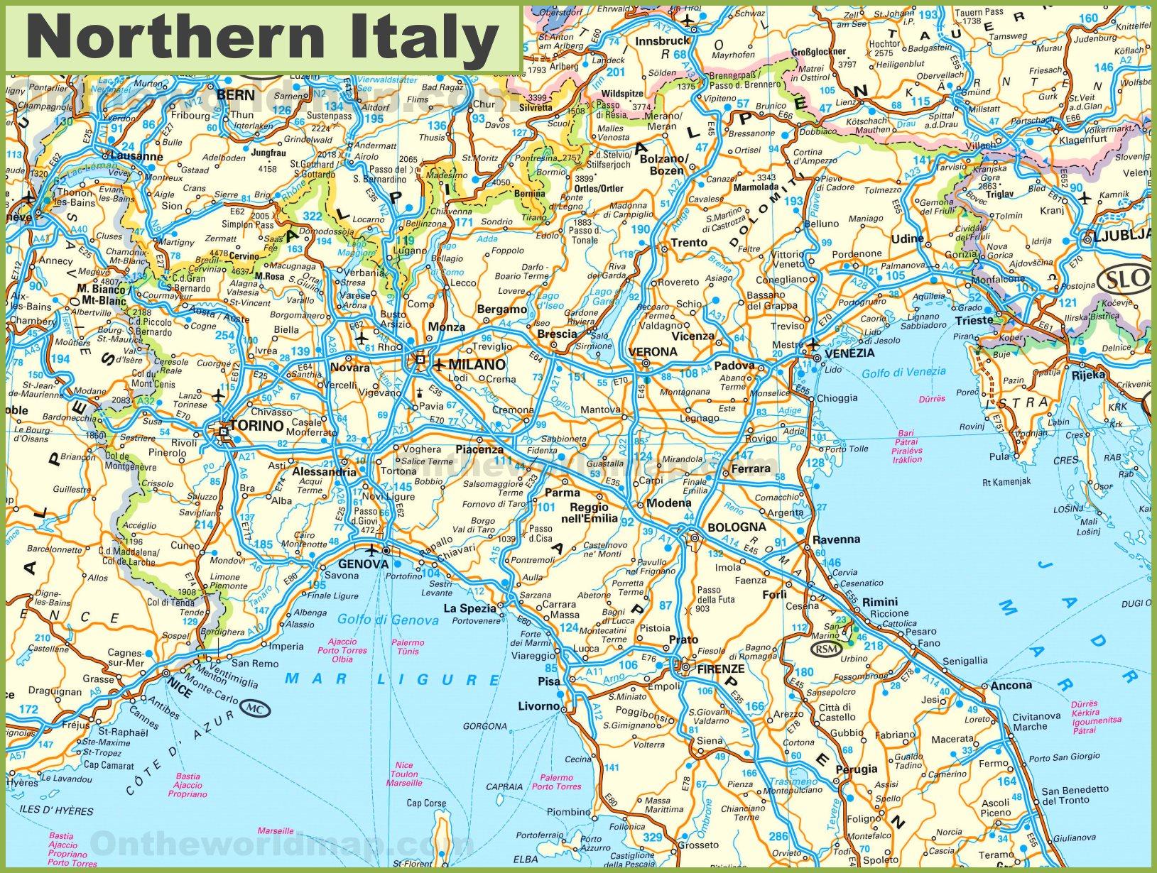 地图上的意大利北部的详细地图，意大利北部(南部欧洲-欧洲)